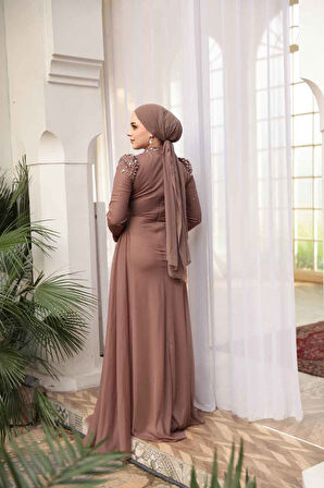 - Boncuk Detaylı Vizon Tesettür Abiye Elbise 54301V
