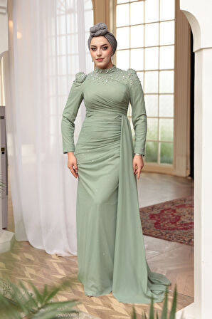 - Boncuk Detaylı Mint Tesettür Abiye Elbise 54301MINT