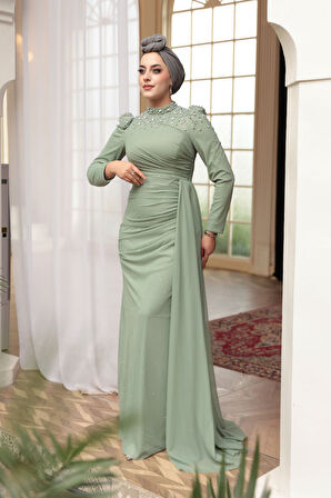- Boncuk Detaylı Mint Tesettür Abiye Elbise 54301MINT