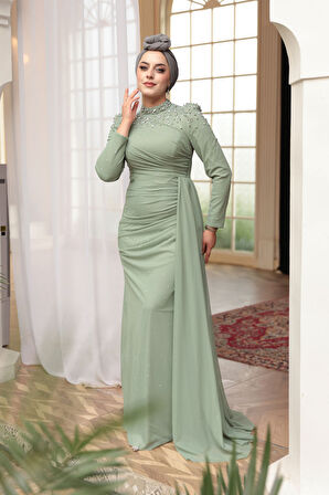 - Boncuk Detaylı Mint Tesettür Abiye Elbise 54301MINT