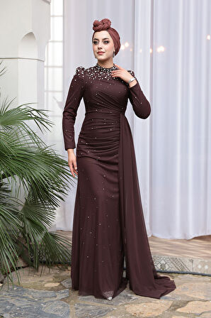  Boncuk Detaylı Kahverengi Tesettür Abiye Elbise 54301KH