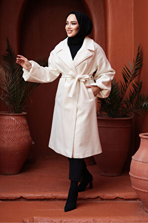 Kemerli Krem Tesettür Kaşe Kaban 61631KR