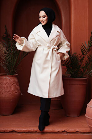 Kemerli Krem Tesettür Kaşe Kaban 61631KR