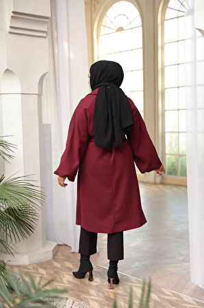 Kemerli Bordo Tesettür Kaşe Kaban 61631BR