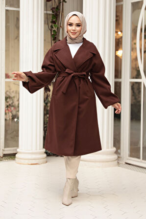 Kemerli Kahverengi Tesettür Kaşe Kaban 61631KH