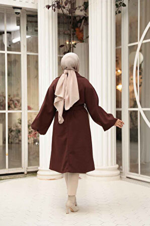 Kemerli Kahverengi Tesettür Kaşe Kaban 61631KH