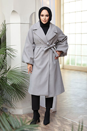 Kemerli Gri Tesettür Kaşe Kaban 61631GR