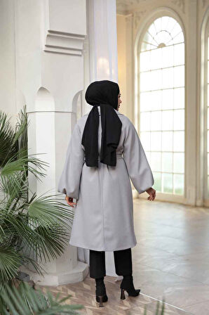 Kemerli Gri Tesettür Kaşe Kaban 61631GR