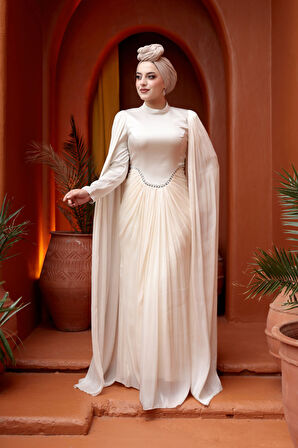 - Pelerinli Ekru Tesettür Abiye Elbise 5418E