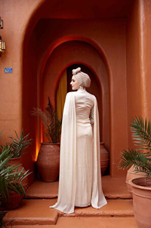 - Pelerinli Ekru Tesettür Abiye Elbise 5418E