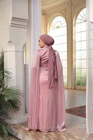 - Pelerinli Gül Kurusu Tesettür Abiye Elbise 5418GK