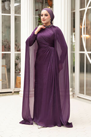 - Pelerinli Mor Tesettür Abiye Elbise 54391MOR