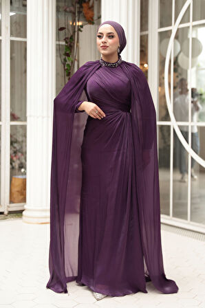 - Pelerinli Mor Tesettür Abiye Elbise 54391MOR