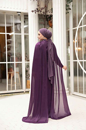 - Pelerinli Mor Tesettür Abiye Elbise 54391MOR