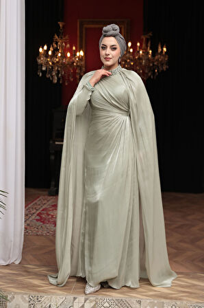 - Pelerinli Mint Tesettür Abiye Elbise 54391MINT