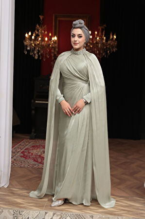 - Pelerinli Mint Tesettür Abiye Elbise 54391MINT