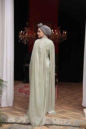 - Pelerinli Mint Tesettür Abiye Elbise 54391MINT