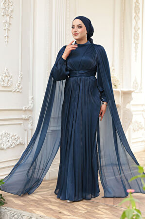 - Pelerinli Lacivert Tesettür Abiye Elbise 5447L