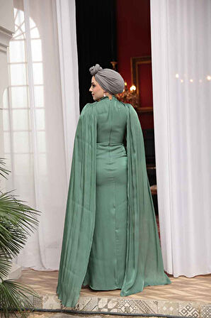 - Pelerinli Yeşil Tesettür Abiye Elbise 5447Y