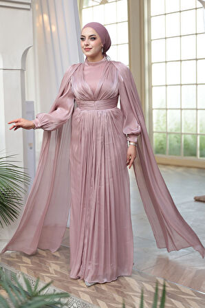 - Pelerinli Pudra Tesettür Abiye Elbise 5447PD