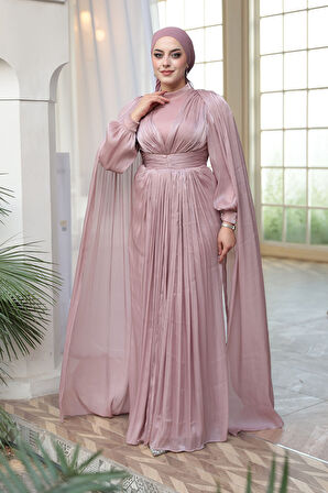 - Pelerinli Pudra Tesettür Abiye Elbise 5447PD