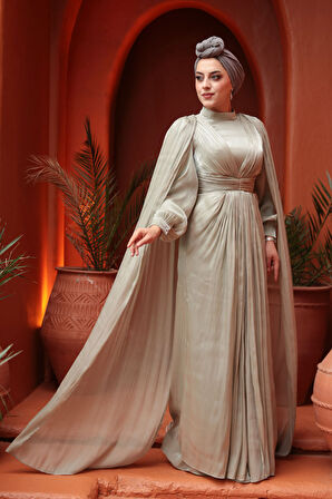 - Pelerinli Mint Tesettür Abiye Elbise 5447MINT