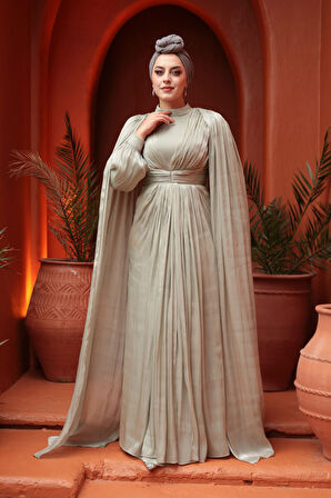 - Pelerinli Mint Tesettür Abiye Elbise 5447MINT