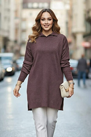 Fitilli Koyu Lila Triko Kazak Tunik 65903KLILA2