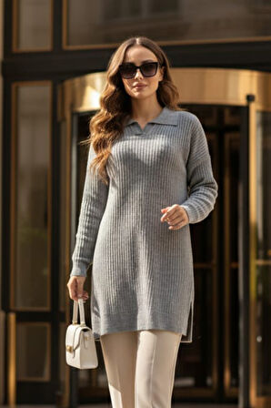 Fitilli Gri Triko Kazak Tunik 65903GR2