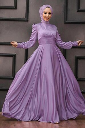 Drape Detaylı Koyu Lila Tesettür Abiye Elbise 2511KLILA