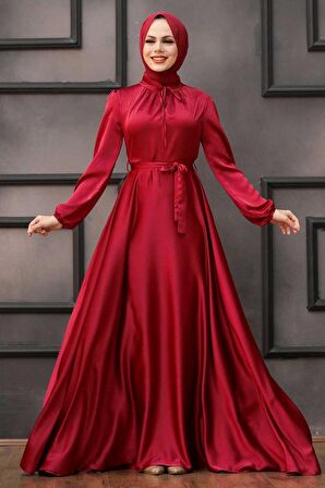 Balon Kol Bordo Tesettür Abiye Elbise 25130BR