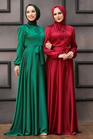 Balon Kol Bordo Tesettür Abiye Elbise 25130BR