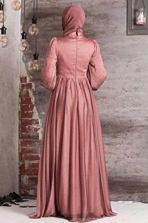 İnci Detaylı Kiremit Tesettür Abiye Elbise 21930KRMT