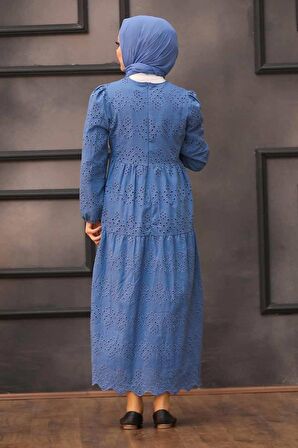 Kol Ucu Lastikli İndigo Mavisi Tesettür Elbise 1073IM