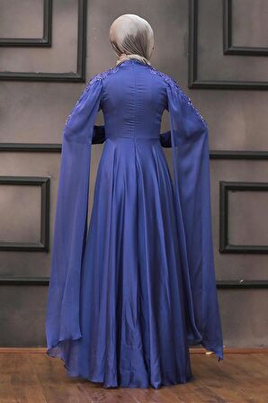 Pelerinli İndigo Mavisi Tesettür Abiye Elbise 22130IM
