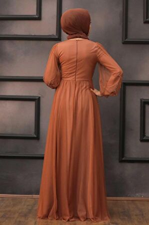 Boncuk İşlemeli Kiremit Tesettür Abiye Elbise 22031KRMT