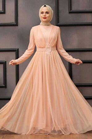 Tüy Detaylı Somon Tesettür Abiye Elbise 23341SMN
