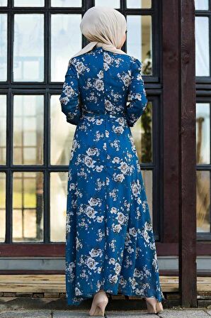 Çiçek Desenli İndigo Mavisi Tesettür Elbise 81390IM