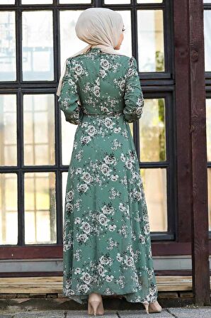Neva Style - Çiçek Desenli Yeşil Tesettür Elbise 81390Y