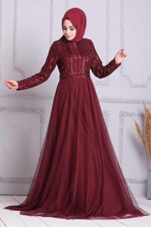 Pul Payetli Bordo Tesettür Abiye Elbise 5338BR