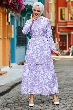 Desenli Lila Tesettür Elbise 25964LILA