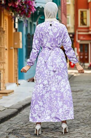 Desenli Lila Tesettür Elbise 25964LILA