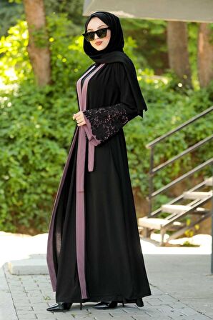Volan Kollu Gül Kurusu Tesettür Abaya 55084GK