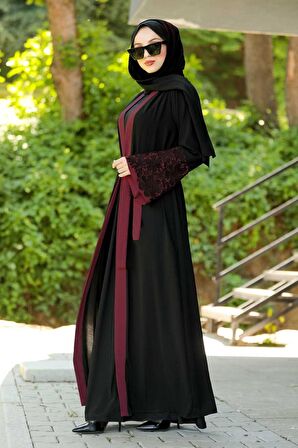 Volan Kollu Bordo Tesettür Abaya 55084BR