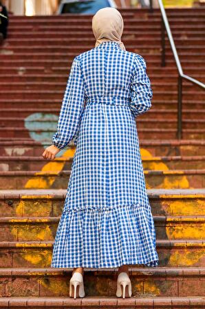 Kareli İndigo Mavisi Tesettür Elbise 33940IM