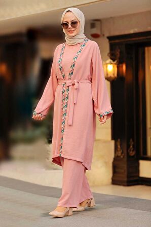 Kimono Pudra Tesettür Üçlü Takım 51910PD