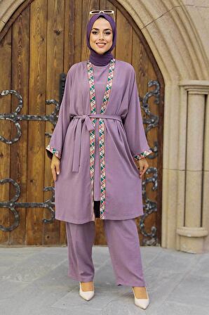 Kimono Koyu Lila Tesettür Üçlü Takım 51910KLILA