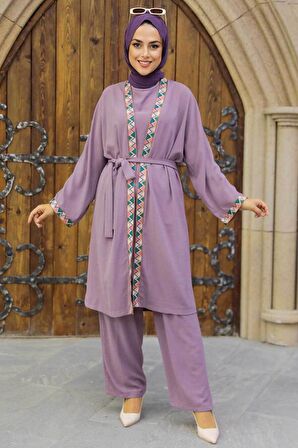 Kimono Koyu Lila Tesettür Üçlü Takım 51910KLILA