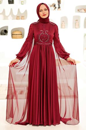 Pelerinli Bordo Tesettür Abiye Elbise 2212BR