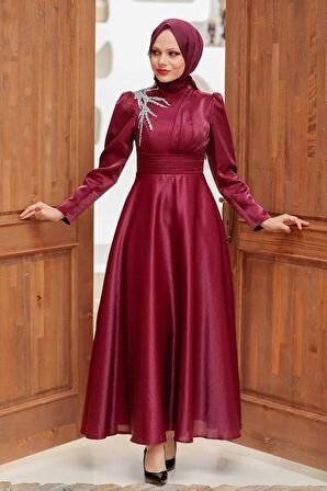 Saten Bordo Tesettür Abiye Elbise 22301BR